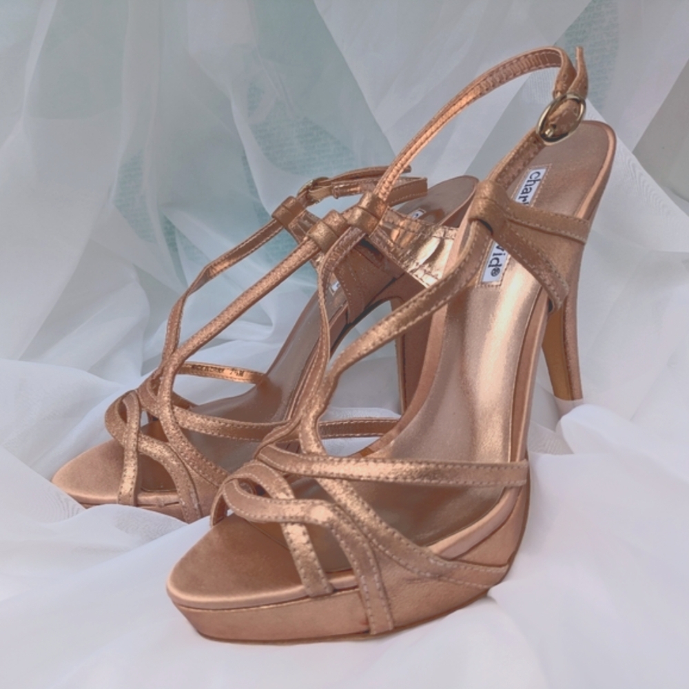 Charles David VTG Babble Strappy Blush Metallic Suede Champagne Pink Heels NIB
